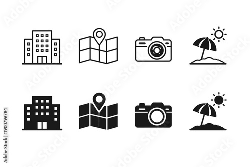 Set of minimalist travel and city icons showing buildings, map location pins, cameras, and beach umbrellas with sun in outline and solid styles
