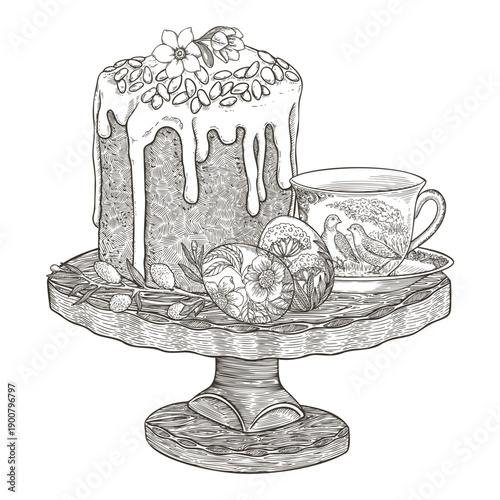 Easter cake with porcelain cup on the tray stand. Vector illustration in vintage sketch style. Festive bakery decorated with flower and almond. Hand drawn outline design. Spring cooking card template.