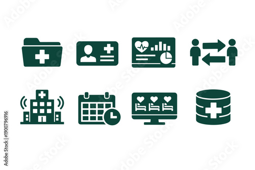 Set of medical and healthcare icons showing patient record folder, identification badge, heart monitoring dashboard, hospital building, calendar, bed occupancy and database