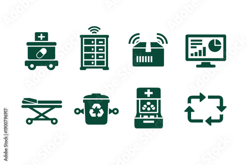 Green medical and smart technology icon set featuring first aid, hospital building, router, analytics monitor, stretcher, recycling bin, dispenser, and refresh symbol