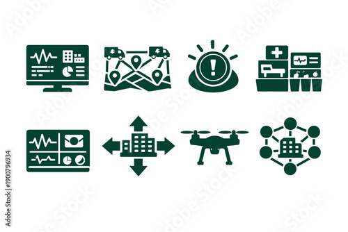 Set of green medical and technology icons showing patient monitoring dashboard, location mapping, emergency alert siren, clinic interface, drone delivery, and connected network hub