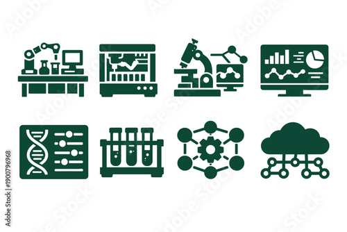 Set of green science and technology icons showing robotics automation, microscope research, data analytics dashboard, DNA genetics, test tubes, network and cloud computing