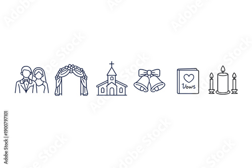 Minimal wedding icon set showing couple, floral arch, chapel, bells, vow book, and candles on a dark gradient background for ceremony planning