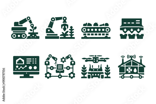 Icon set illustrating smart agriculture technology with robotics, drones, greenhouse monitoring, automated harvesting, analytics dashboards, and machinery