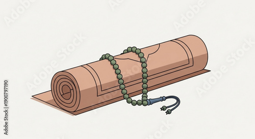 Ancient Scroll Illustration Rolled Up with Green Cord and Seal on White Background