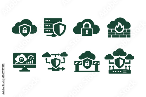 Set of cybersecurity icons showing cloud security, server protection, firewall, secure network, monitoring dashboard, and data encryption symbols
