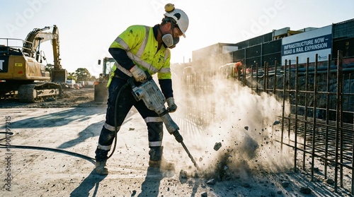 Construction worker operating pneumatic drill at construction site  