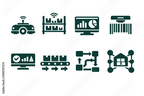 Set of smart manufacturing and logistics icons showing autonomous vehicle, warehouse, analytics dashboard, barcode scanner, conveyor, workflow network