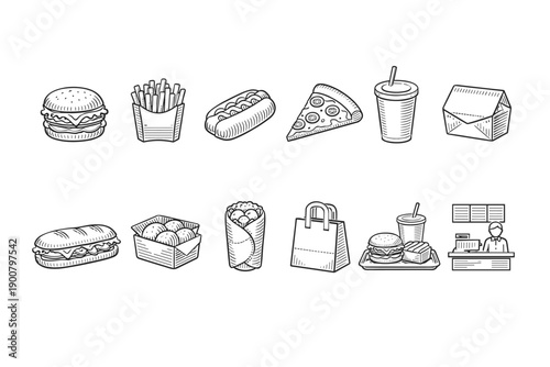 Minimal black and white line icons of fast food items including burger, fries, hot dog, pizza slice, soft drink, sandwich, takeaway bag, and cashier