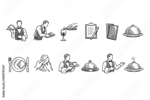 Monochrome line icons of restaurant service and dining etiquette with waiter serving food, cloche covers, menu clipboard, utensils, and gestures