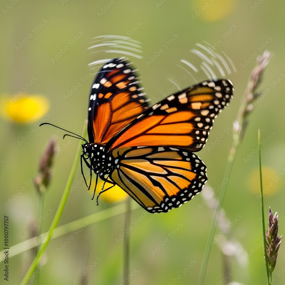 Fototapeta premium Monarch butterfly on a sunny meadow with flowers