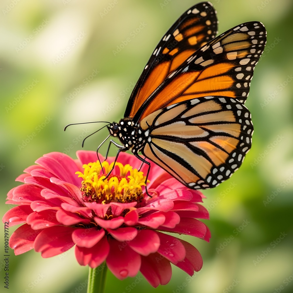 Fototapeta premium Monarch butterfly on a pink zinnia flower in garden