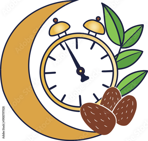 Ramadan prayer and fasting time concept with alarm clock, crescent moon, and dates.