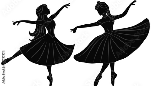 Two elegant ballerinas dancing in black silhouette on white background