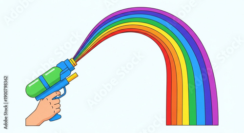 Rainbow Water Gun Spraying Colorful Stream on White Background