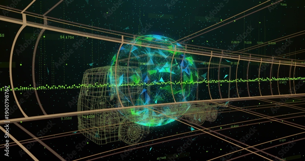 Fototapeta premium Hovering holographic globe projecting green waveform inside data tunnel, showing wireframe vehicle