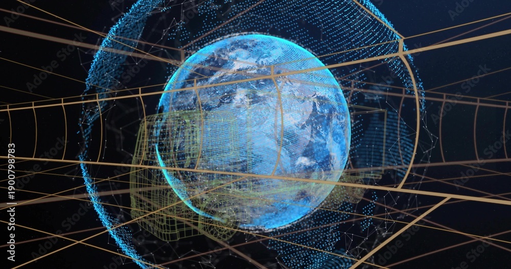 Fototapeta premium Displaying stylized Earth globe rotating in space, with blue point cloud halo, golden wires