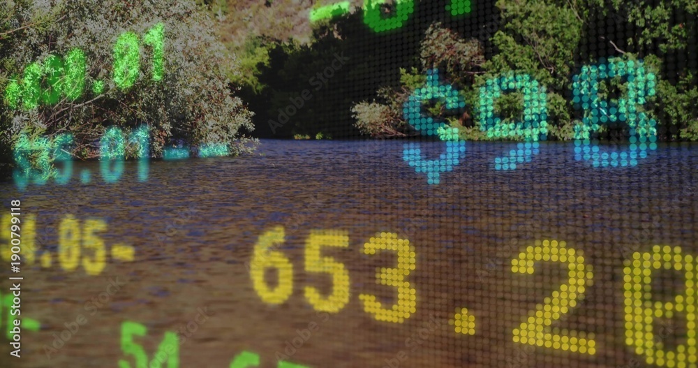 Naklejka premium Displaying LED ticker overlay on calm lake and treeline, showing dotmatrix grid with 653