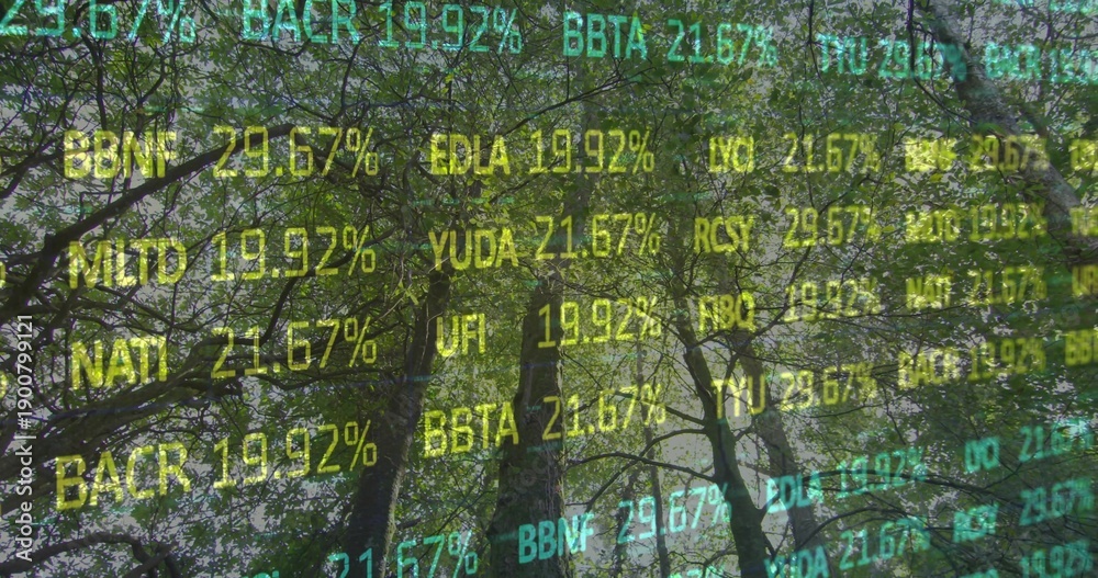 Fototapeta premium Blending tall deciduous tree trunks and dense canopy in wooded forest, with translucent ticker text