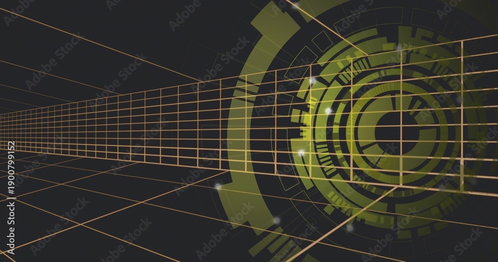 Fototapeta premium Glowing green HUD overlapping orange grid lines in virtual corridor, emitting soft flares and rings