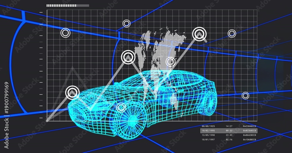 Fototapeta premium Rendering cyan wireframe sports car model on virtual grid plane showing axes, guide rails, map