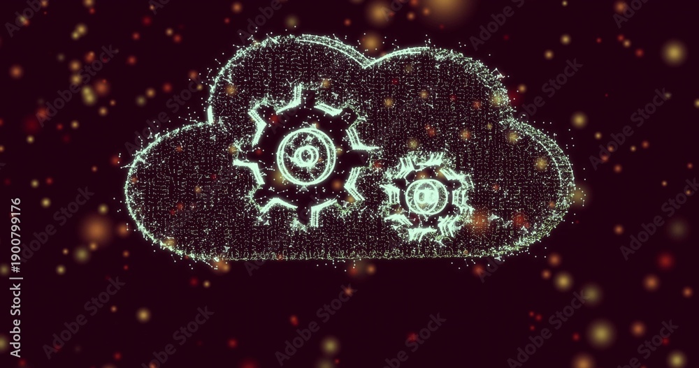Fototapeta premium Glowing particle-formed cloud holding two gears while pulsing in digital space, with warm bokeh