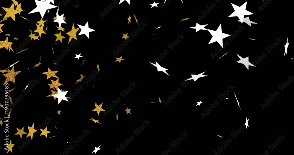 Fototapeta premium Scattering gold stars and white silhouettes drifting across black backdrop, with spark streaks