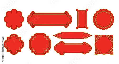 Collection of ornate red seals and frames with golden borders isolated on white