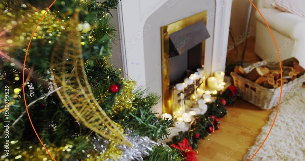 Naklejka premium Glowing decorated Christmas tree on left casting warm light near fireplace, lit candles, copy space