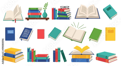 Colorful collection of open and stacked books with decorative elements