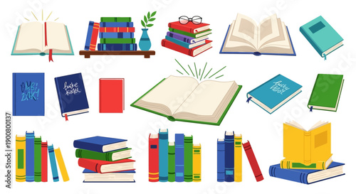 Colorful collection of illustrated open and stacked books with reading accessories