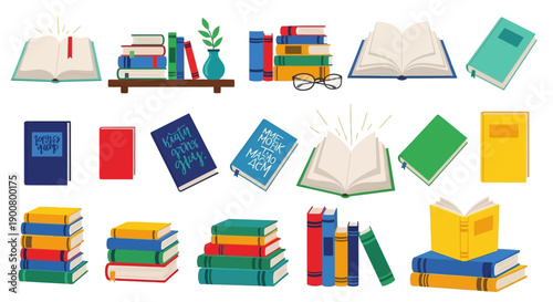 Colorful collection of open and stacked books glasses and a small shelf