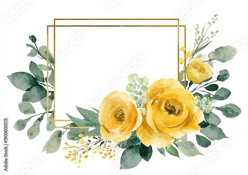 Gold frame with watercolor yellow roses and foliage on a white background