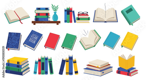 Colorful stack of open and closed books with glasses and a plant illustration