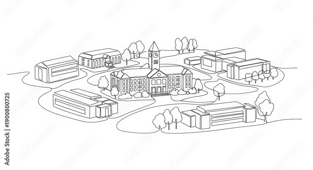 Fototapeta premium Hand-drawn campus map illustration with academic buildings and trees in a circular layout
