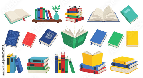 Colorful collection of open and stacked books with reading glasses and plants