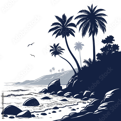 Serene tropical beach scene with palm trees and calm ocean waves