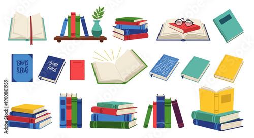 Collection of colorful open and stacked books with glasses and a plant