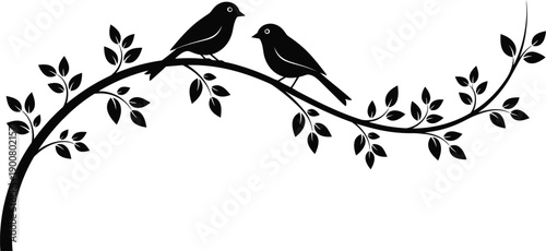 Black silhouette of two birds perched on a leafy tree branch, nature vector illustration, spring season garden wall art, isolated.