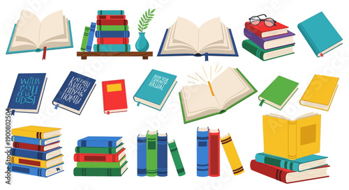 Colorful stack of open and closed books with reading glasses and plant