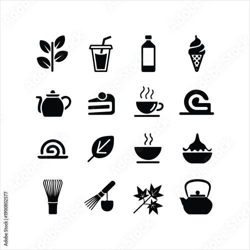 Black tea leaves icons. Hot drink cup, cold iced tea and teapot with steam pictogram.Coffee and Tea icons vector set. Cup, leaf, packaging, tea bag, glasses.