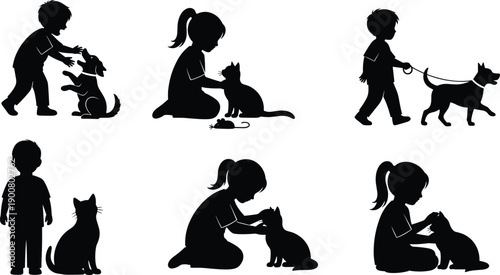 Black Silhouette Vector Set of Children Playing with Pets Featuring Kids Training Dogs Walking Puppies and Petting Cats for Family Design,