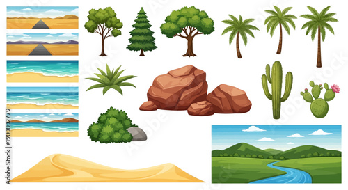 Collection of various natural landscapes and plant life illustrations high quality