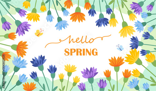 Hello spring background. Horizontal poster with wildflowers, cornflowers. Floral greeting card for Easter, International Women's and Mother's Day.