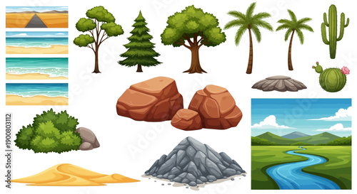 Collection of various natural landscapes and plant life illustrations high quality