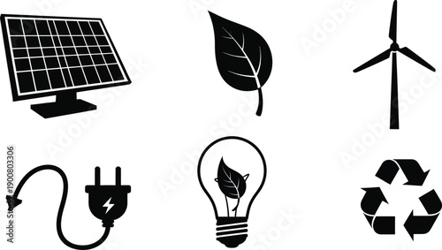 Eco friendly icons including solar panel, leaf, wind turbine, plug, light bulb, and recycling symbol in black