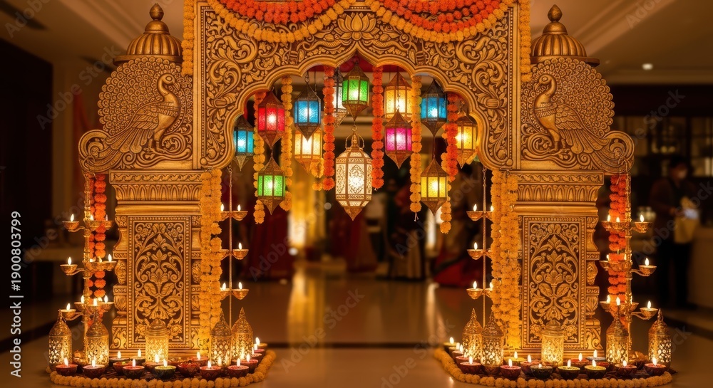 Obraz premium Ornate Golden Archway Adorned With Marigold Flowers Lanterns And Diyas Lit At Dusk