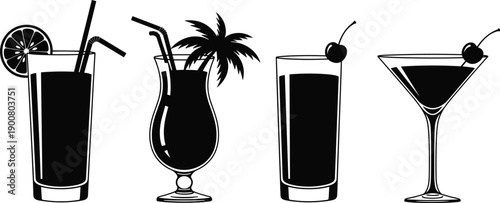 Black silhouette vector set of tropical cocktail drinks, martini and hurricane glasses with garnishes, summer beach party icons, isolated illustrations.