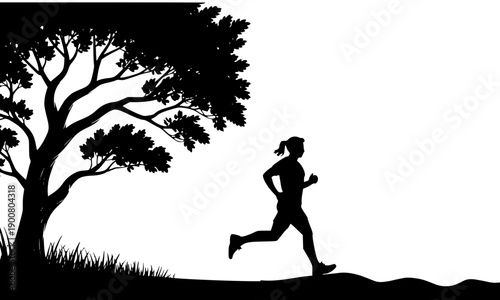 Male jogger running silhouette on trail under tree at sunset, outdoor fitness lifestyle scene perfect for exercise motivation, wellness and nature sport designs
