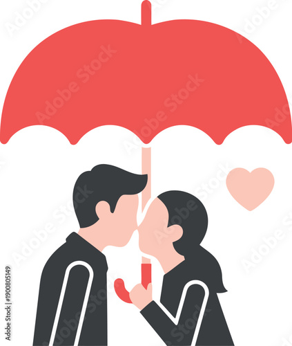 Romantic Couple Kissing Under Red Umbrella Vector Illustration for Valentine’s Day and Love Concepts